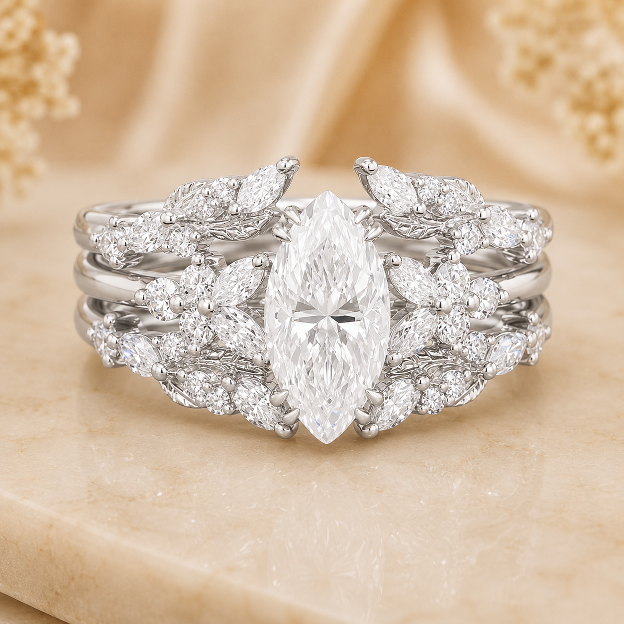 2.30 CT Marquise Lab-Grown Diamond 2PCS Bridal Set in 14K White Gold – Double Enhancer Leaf Fairy Wedding Band Design