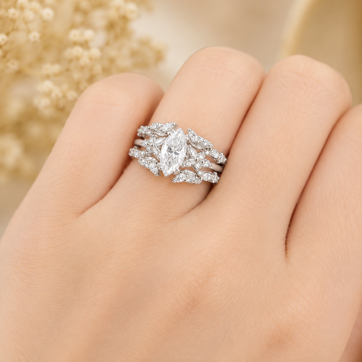 2.30 CT Marquise Lab-Grown Diamond 2PCS Bridal Set in 14K White Gold – Double Enhancer Leaf Fairy Wedding Band Design