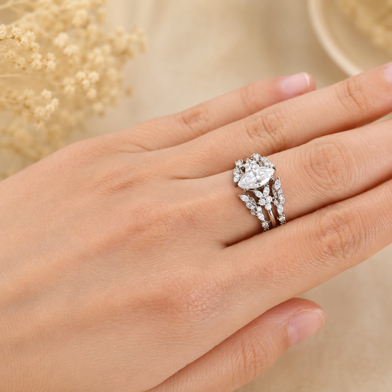2.30 CT Marquise Lab-Grown Diamond 2PCS Bridal Set in 14K White Gold – Double Enhancer Leaf Fairy Wedding Band Design