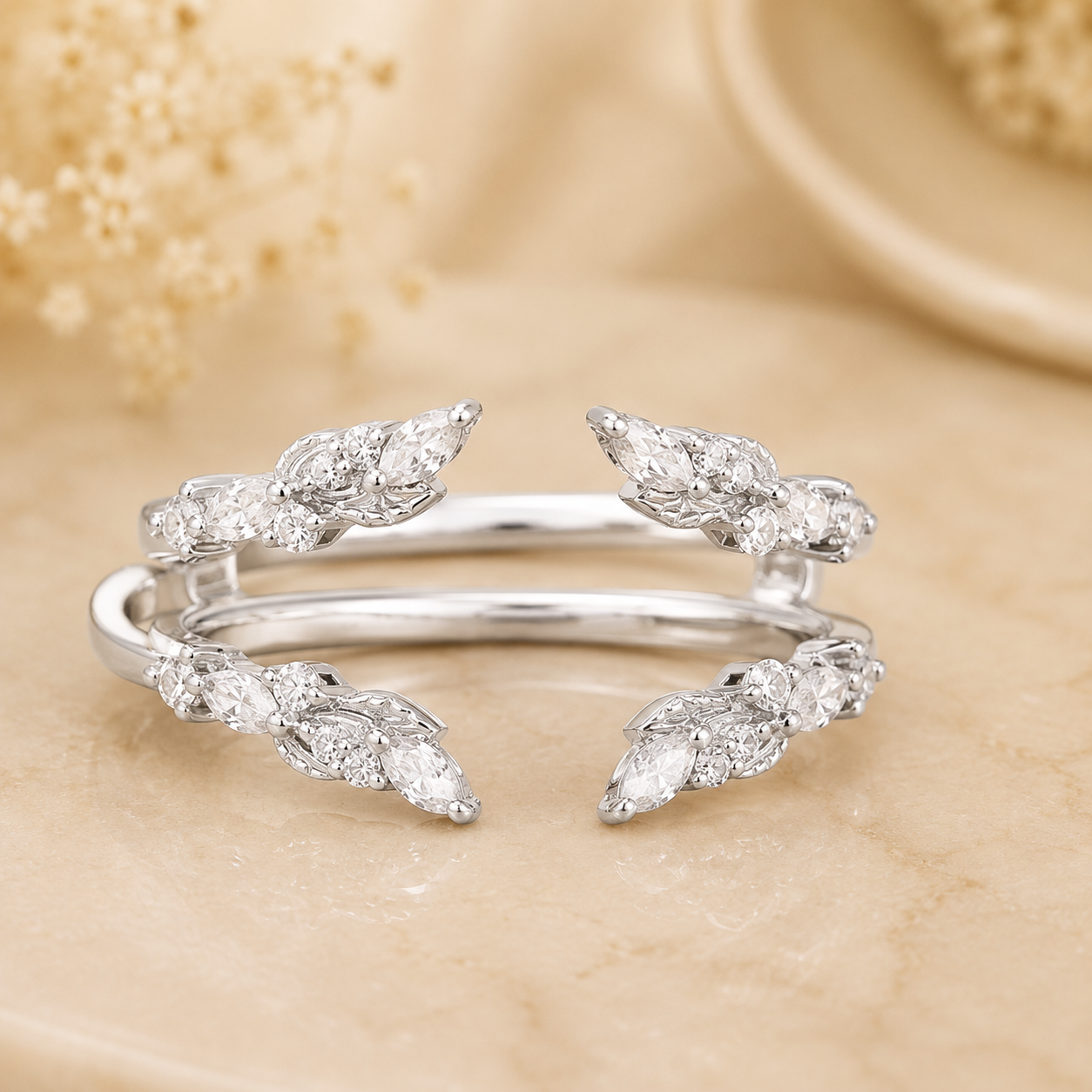 2.30 CT Marquise Lab-Grown Diamond 2PCS Bridal Set in 14K White Gold – Double Enhancer Leaf Fairy Wedding Band Design
