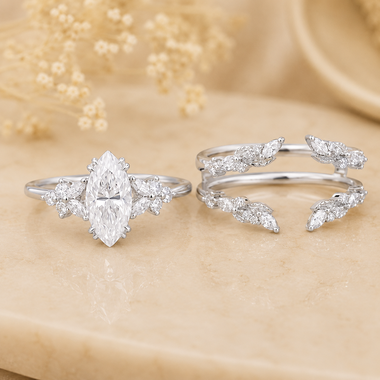 2.30 CT Marquise Lab-Grown Diamond 2PCS Bridal Set in 14K White Gold – Double Enhancer Leaf Fairy Wedding Band Design