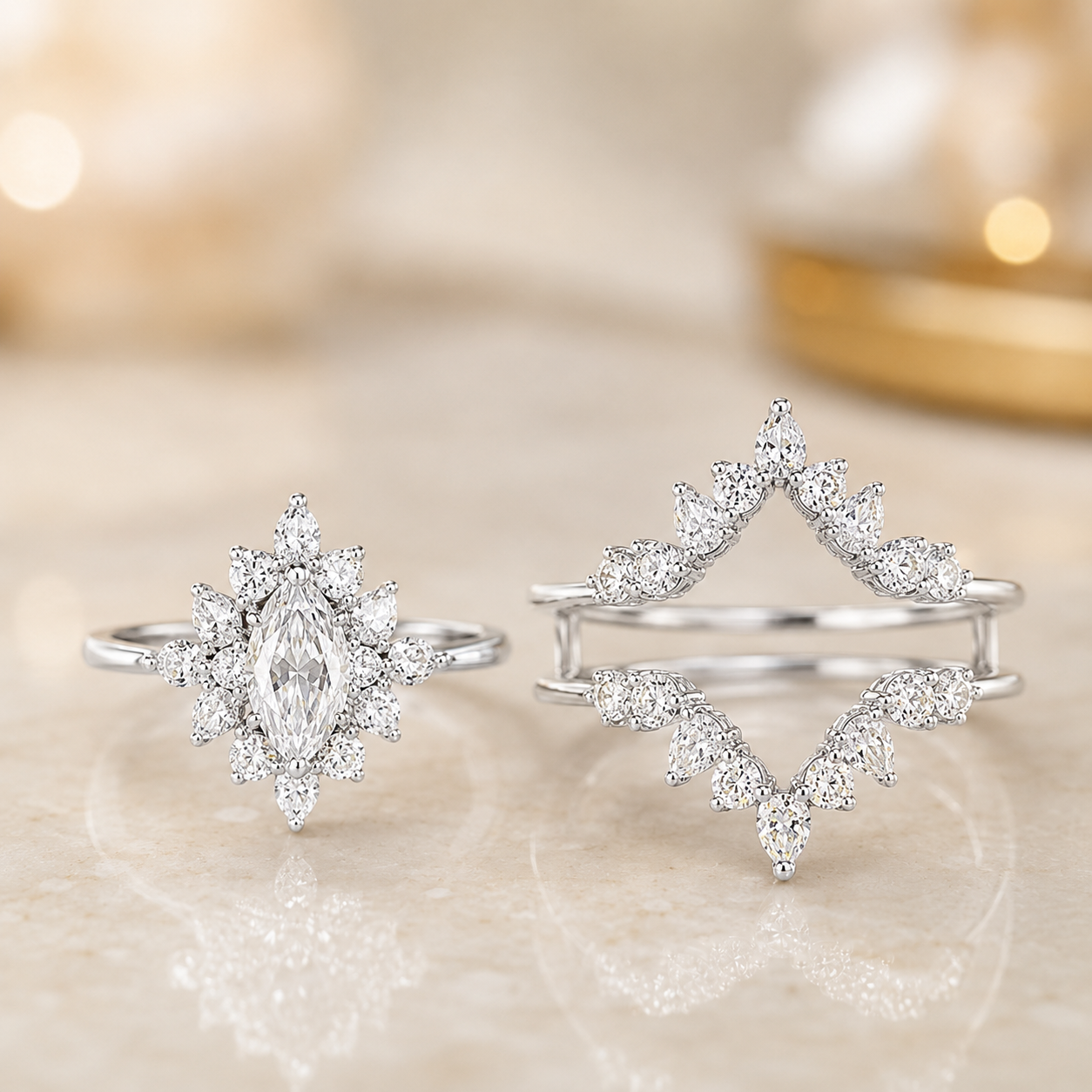 2.00 CT Marquise Lab-Grown Diamond Halo 2PCS Bridal Set in 14K White Gold – Vintage Enhancer Wedding Wrap Design