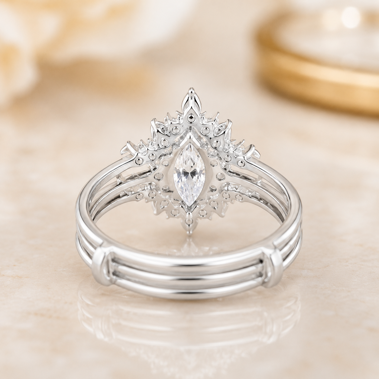 2.00 CT Marquise Lab-Grown Diamond Halo 2PCS Bridal Set in 14K White Gold – Vintage Enhancer Wedding Wrap Design