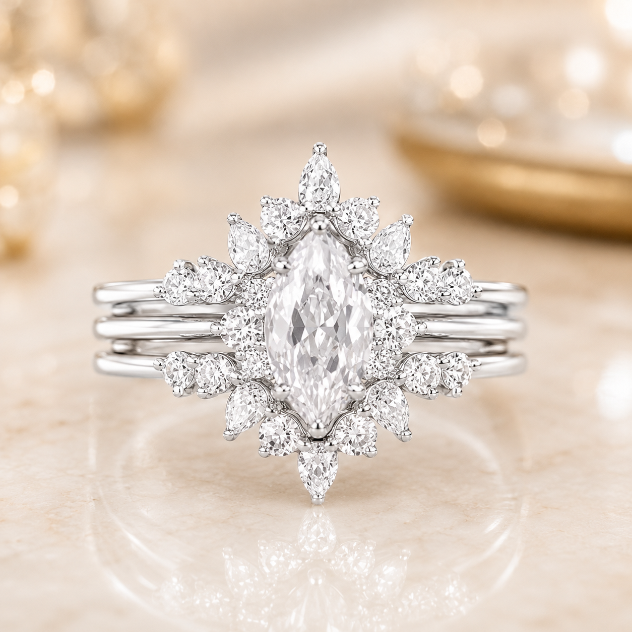 2.00 CT Marquise Lab-Grown Diamond Halo 2PCS Bridal Set in 14K White Gold – Vintage Enhancer Wedding Wrap Design