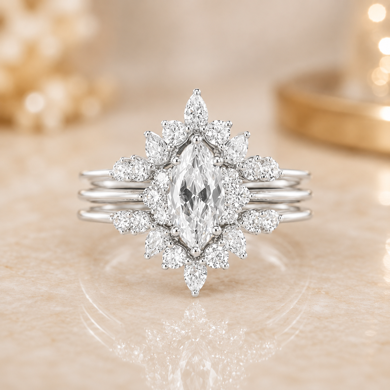 2.00 CT Marquise Lab-Grown Diamond Halo 2PCS Bridal Set in 14K White Gold – Vintage Enhancer Wedding Wrap Design