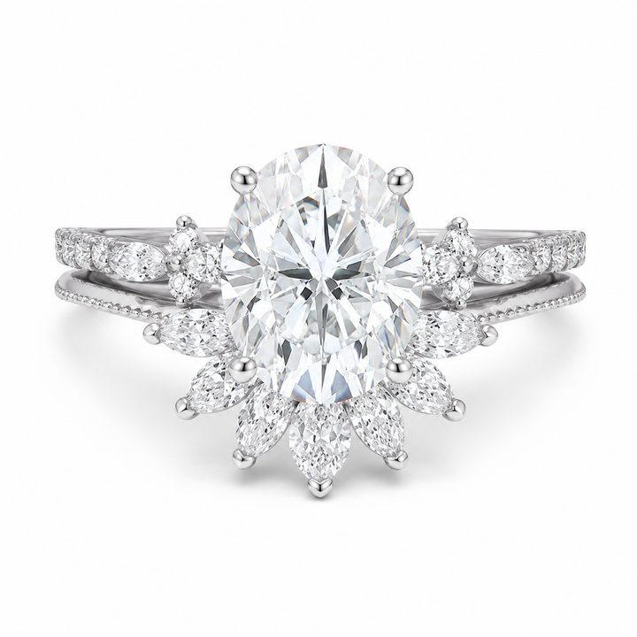 3.00 CT Oval Lab-Grown Diamond 2PCS Bridal Set in 14K White Gold â€“ Vintage Cluster Wedding Ring Design from Diamond Studio