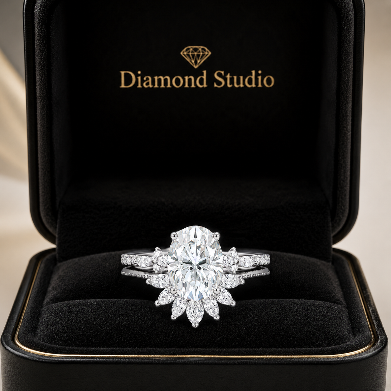 3.00 CT Oval Lab-Grown Diamond 2PCS Bridal Set in 14K White Gold – Vintage Cluster Wedding Ring Design