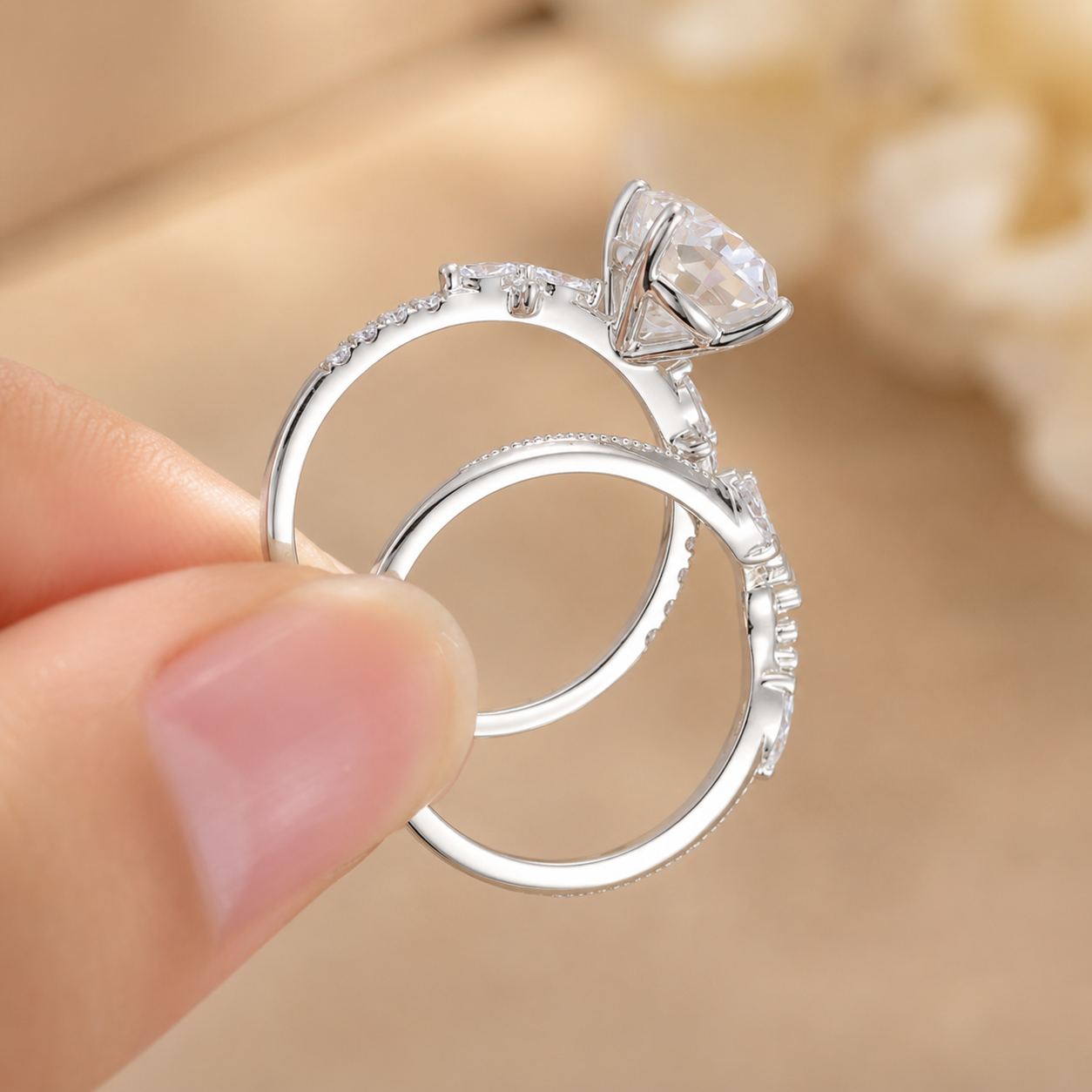 3.00 CT Oval Lab-Grown Diamond 2PCS Bridal Set in 14K White Gold – Vintage Cluster Wedding Ring Design