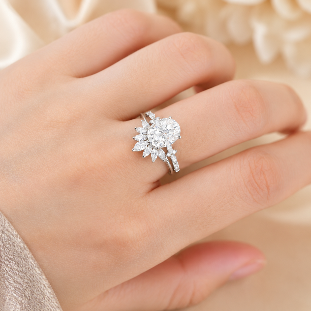 3.00 CT Oval Lab-Grown Diamond 2PCS Bridal Set in 14K White Gold – Vintage Cluster Wedding Ring Design
