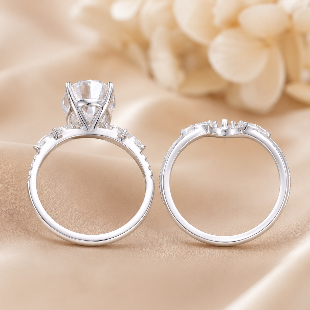 3.00 CT Oval Lab-Grown Diamond 2PCS Bridal Set in 14K White Gold – Vintage Cluster Wedding Ring Design