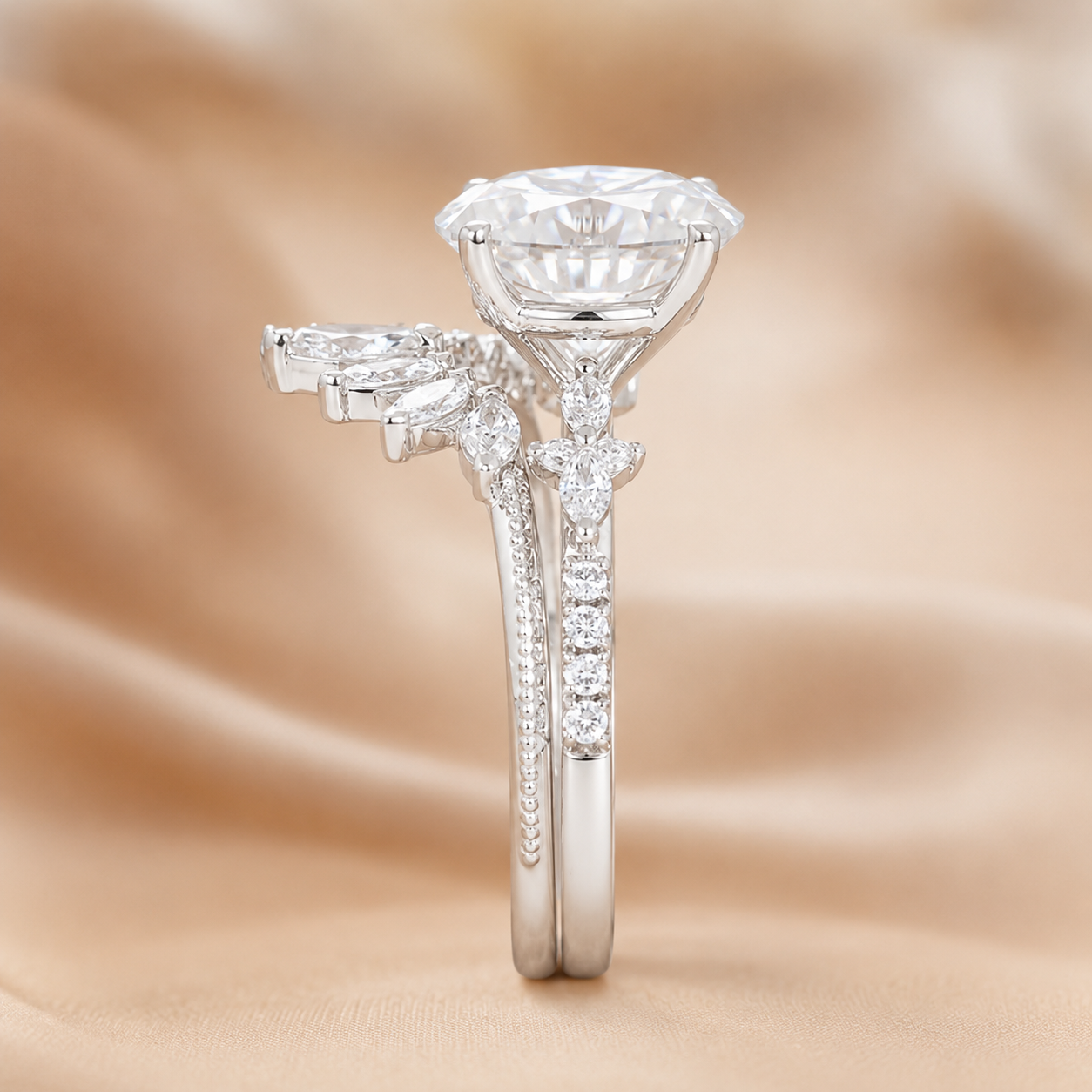 3.00 CT Oval Lab-Grown Diamond 2PCS Bridal Set in 14K White Gold – Vintage Cluster Wedding Ring Design