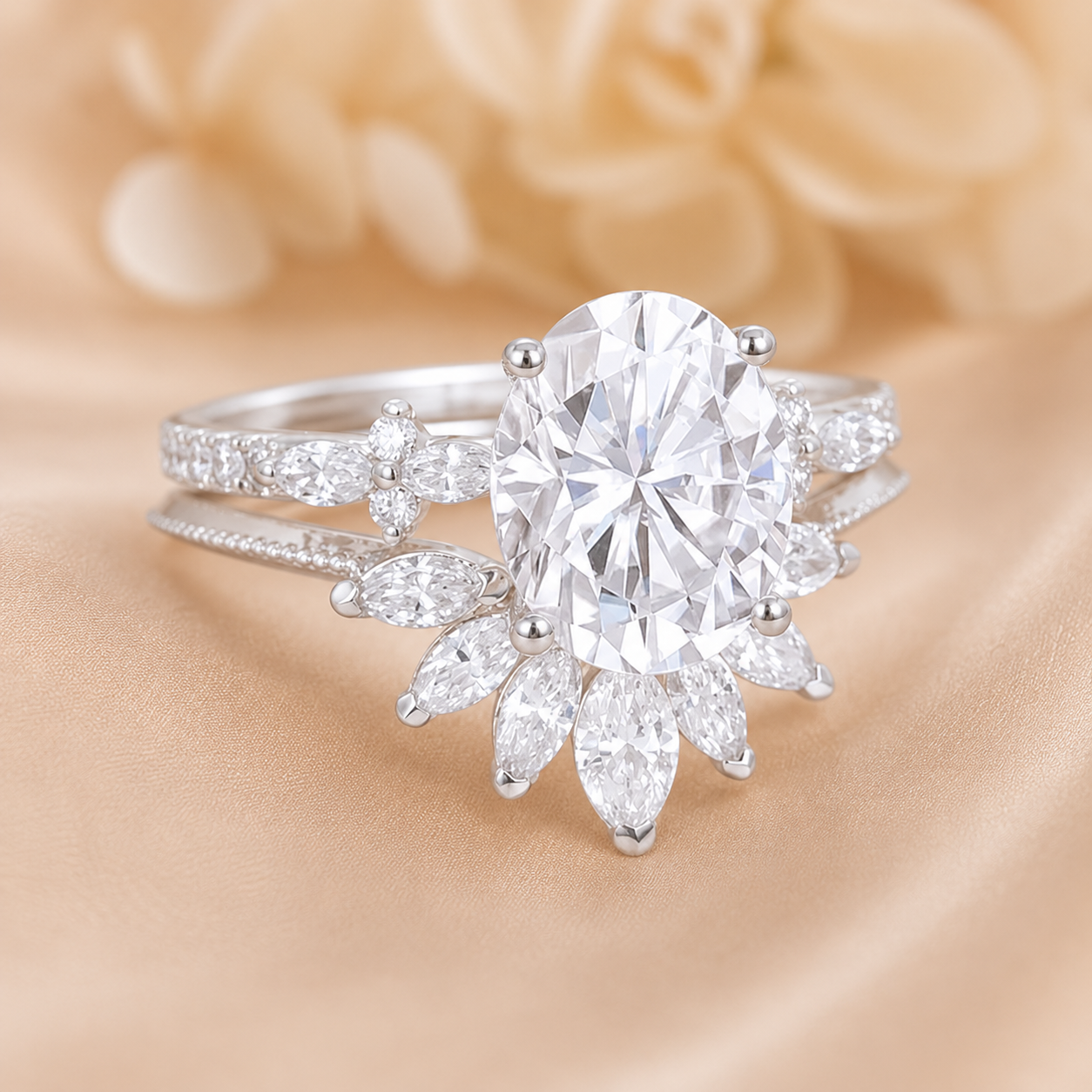 3.00 CT Oval Lab-Grown Diamond 2PCS Bridal Set in 14K White Gold – Vintage Cluster Wedding Ring Design