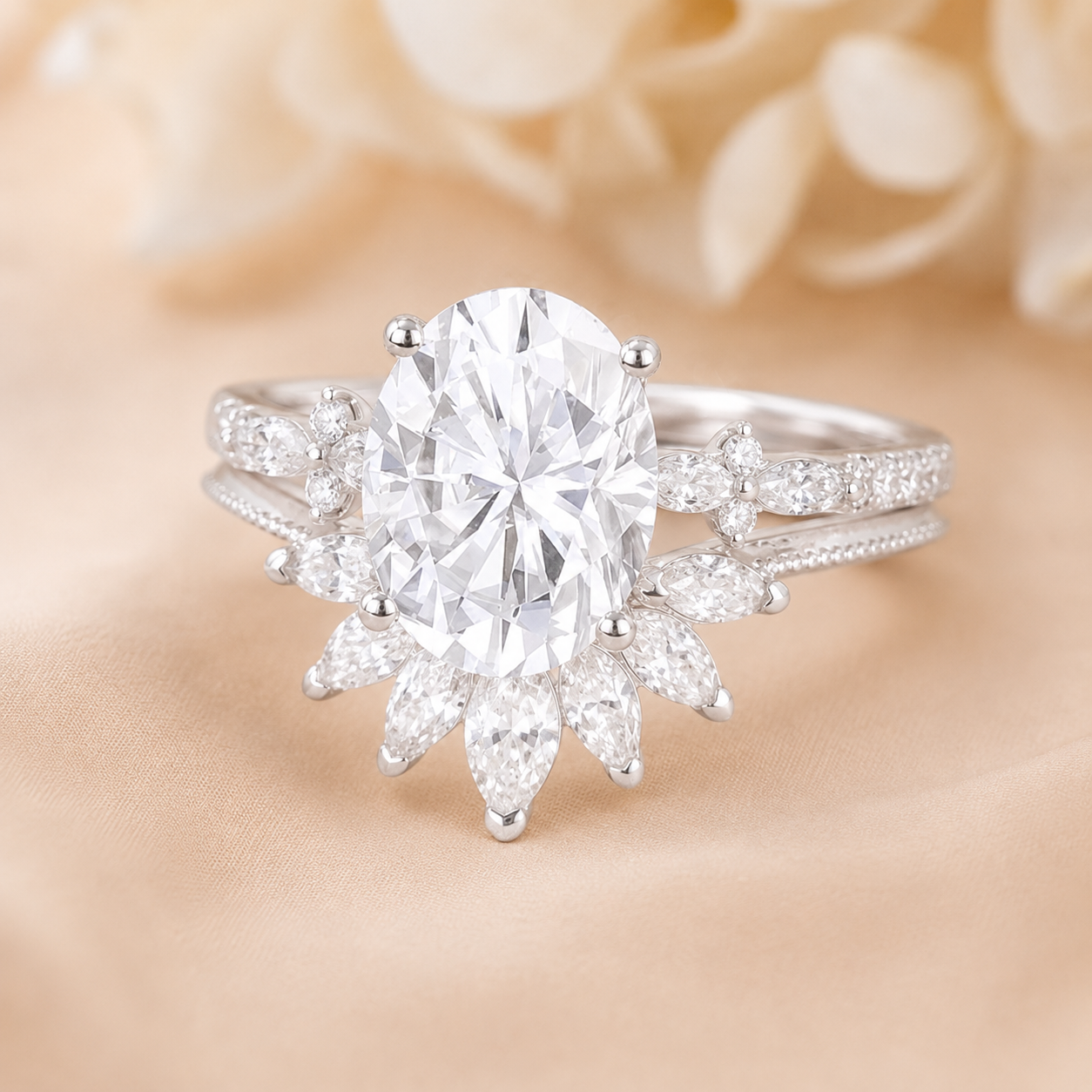 3.00 CT Oval Lab-Grown Diamond 2PCS Bridal Set in 14K White Gold – Vintage Cluster Wedding Ring Design