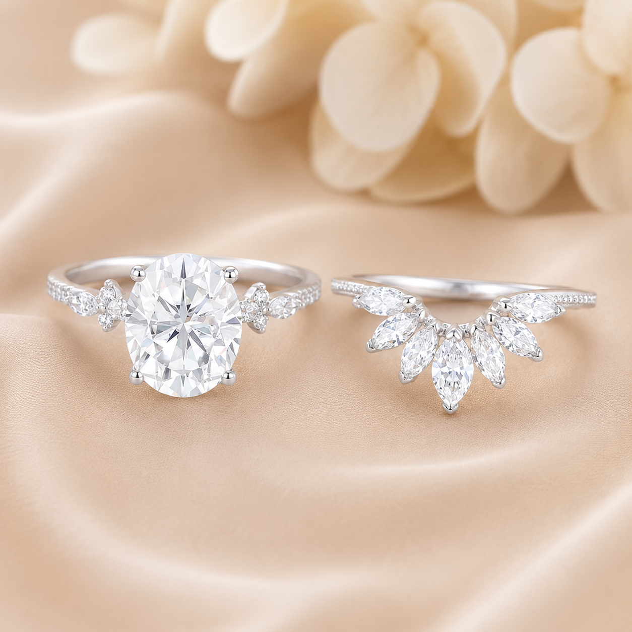 3.00 CT Oval Lab-Grown Diamond 2PCS Bridal Set in 14K White Gold – Vintage Cluster Wedding Ring Design