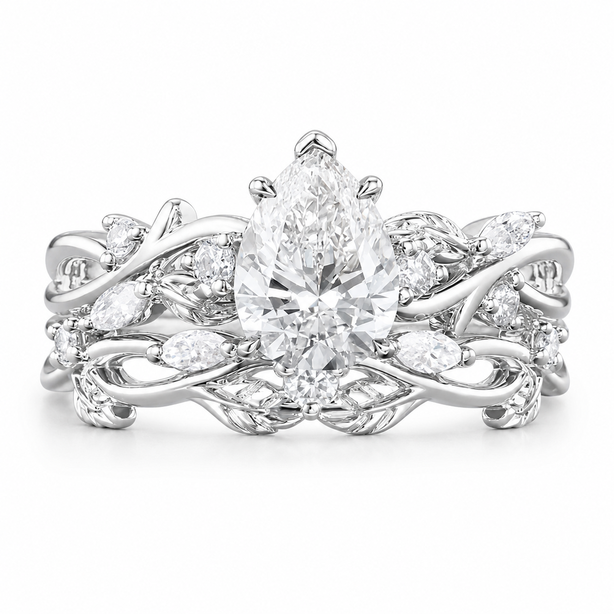 2.50 CT Pear Lab-Grown Diamond Cluster Leaf Twig 2PCS Bridal Set in 14K White Gold – Nature Inspired Wedding Ring Design