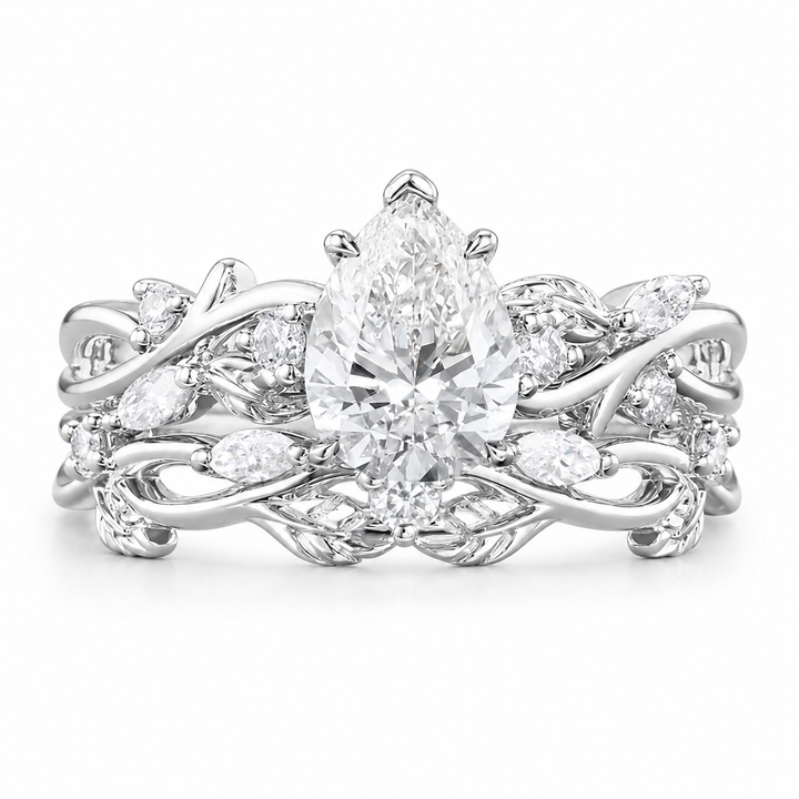 2.50 CT Pear Lab-Grown Diamond Cluster Leaf Twig 2PCS Bridal Set in 14K White Gold â€“ Nature Inspired Wedding Ring Design from Diamond Studio