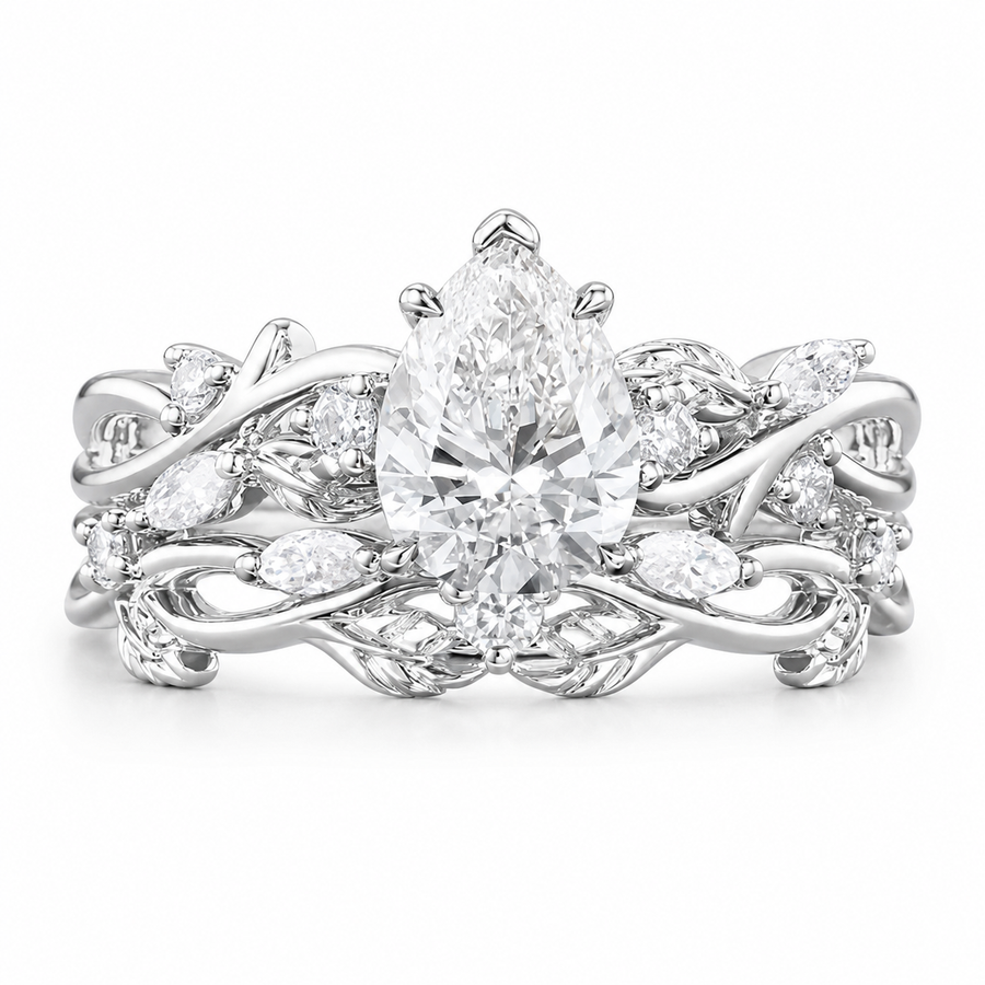 2.50 CT Pear Lab-Grown Diamond Cluster Leaf Twig 2PCS Bridal Set in 14K White Gold – Nature Inspired Wedding Ring Design