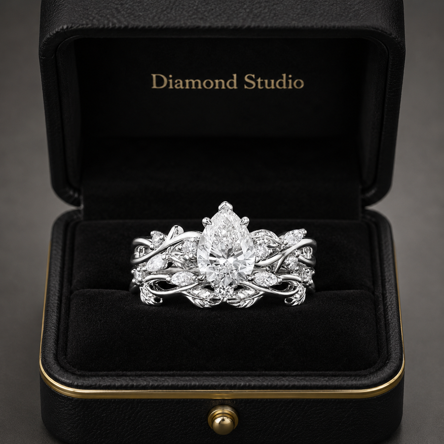 2.50 CT Pear Lab-Grown Diamond Cluster Leaf Twig 2PCS Bridal Set in 14K White Gold – Nature Inspired Wedding Ring Design