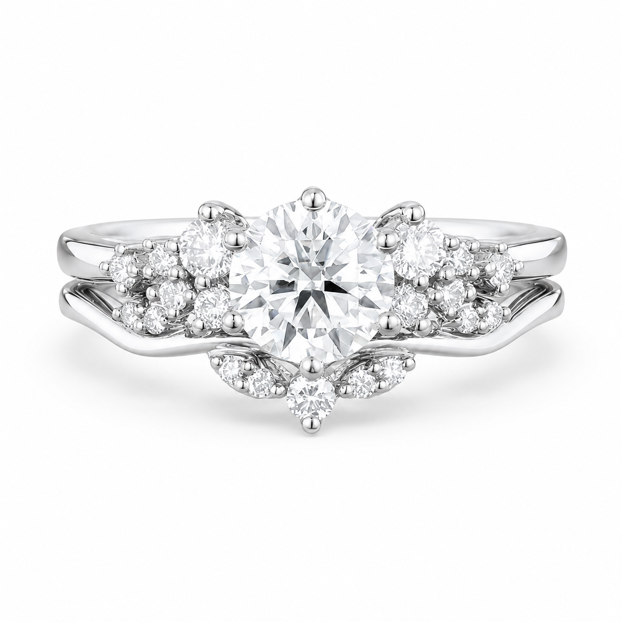 1.50 CT Cluster Lab-Grown Diamond 2PCS Bridal Set in 14K White Gold – Vintage Inspired Curved Wedding Band Design