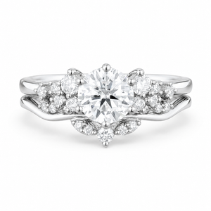 1.50 CT Cluster Lab-Grown Diamond 2PCS Bridal Set in 14K White Gold – Vintage Inspired Curved Wedding Band Design