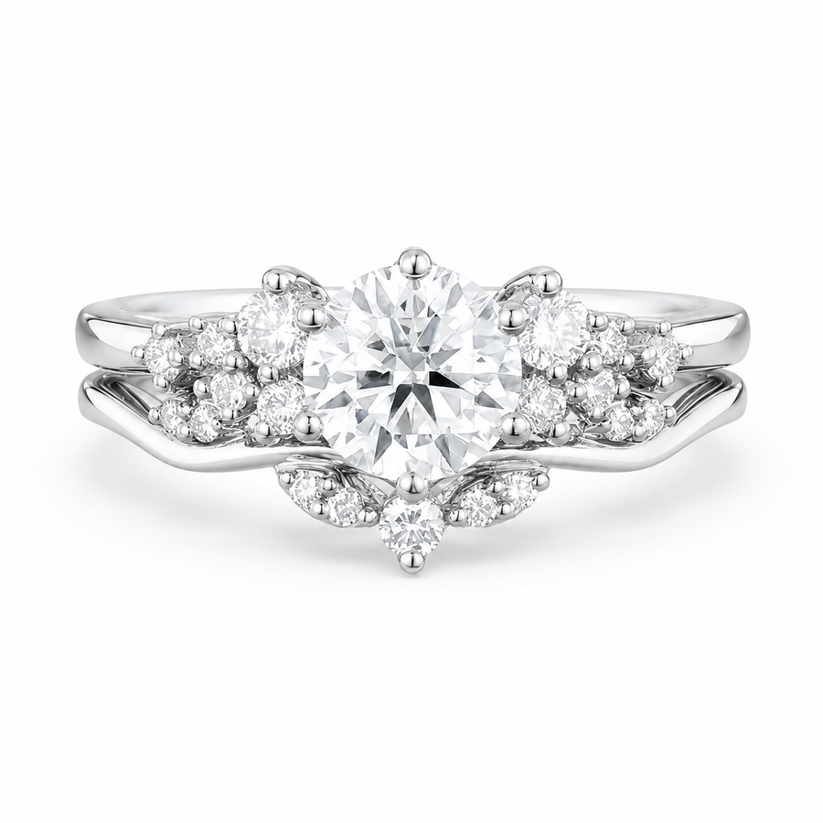 1.50 CT Cluster Lab-Grown Diamond 2PCS Bridal Set in 14K White Gold – Vintage Inspired Curved Wedding Band Design