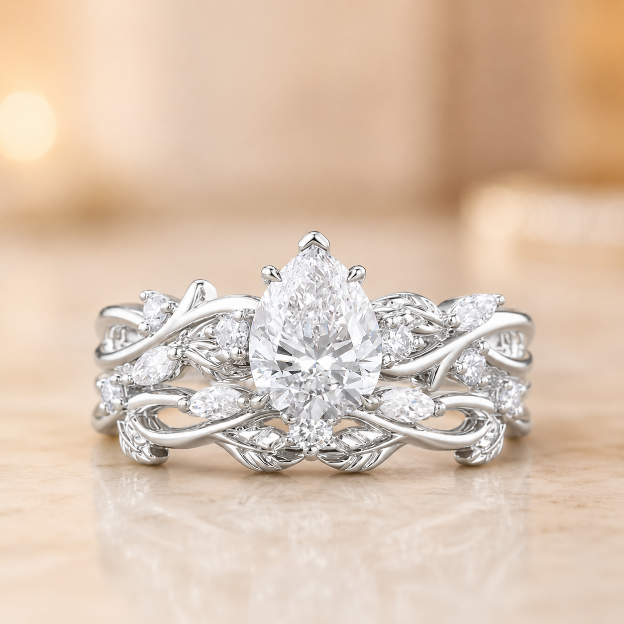2.50 CT Pear Lab-Grown Diamond Cluster Leaf Twig 2PCS Bridal Set in 14K White Gold – Nature Inspired Wedding Ring Design
