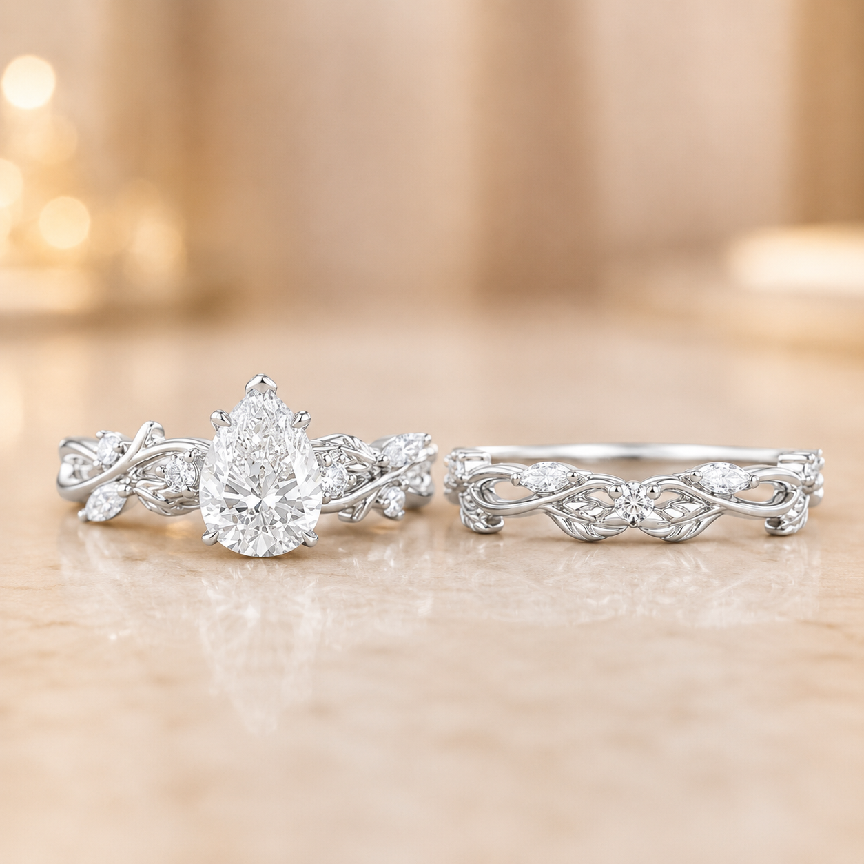 2.50 CT Pear Lab-Grown Diamond Cluster Leaf Twig 2PCS Bridal Set in 14K White Gold – Nature Inspired Wedding Ring Design