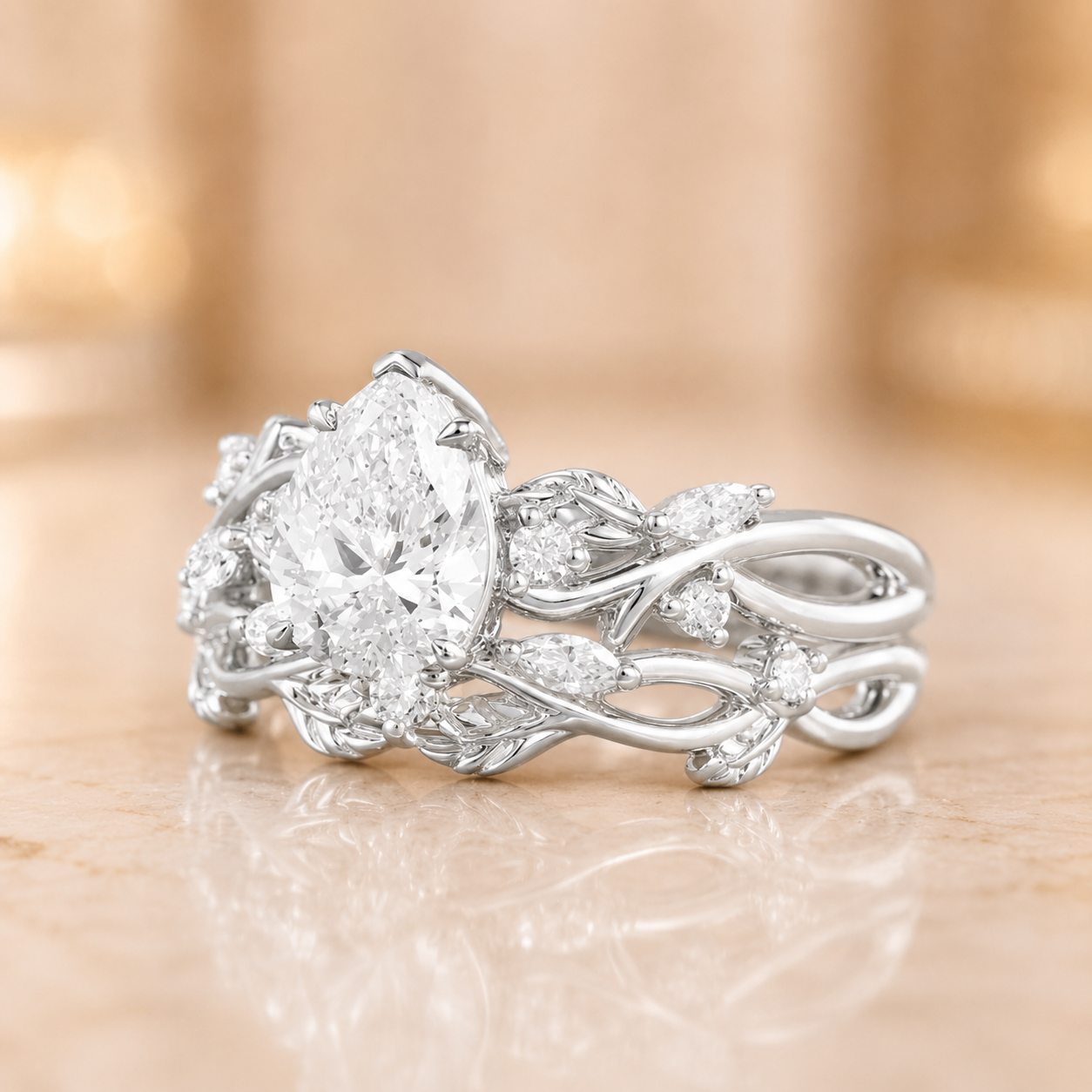 2.50 CT Pear Lab-Grown Diamond Cluster Leaf Twig 2PCS Bridal Set in 14K White Gold – Nature Inspired Wedding Ring Design