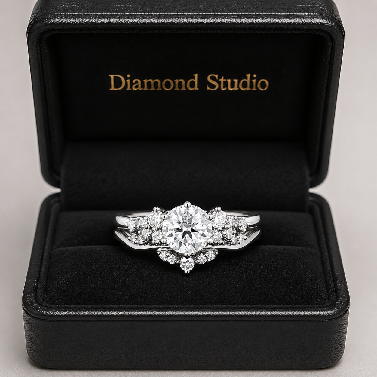 1.50 CT Cluster Lab-Grown Diamond 2PCS Bridal Set in 14K White Gold – Vintage Inspired Curved Wedding Band Design
