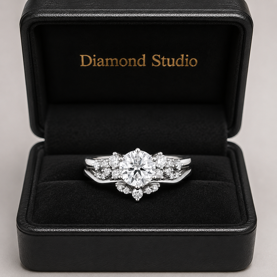1.50 CT Cluster Lab-Grown Diamond 2PCS Bridal Set in 14K White Gold – Vintage Inspired Curved Wedding Band Design