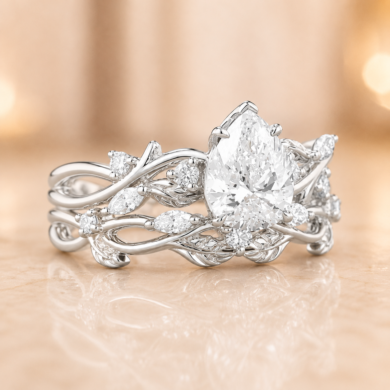 2.50 CT Pear Lab-Grown Diamond Cluster Leaf Twig 2PCS Bridal Set in 14K White Gold – Nature Inspired Wedding Ring Design