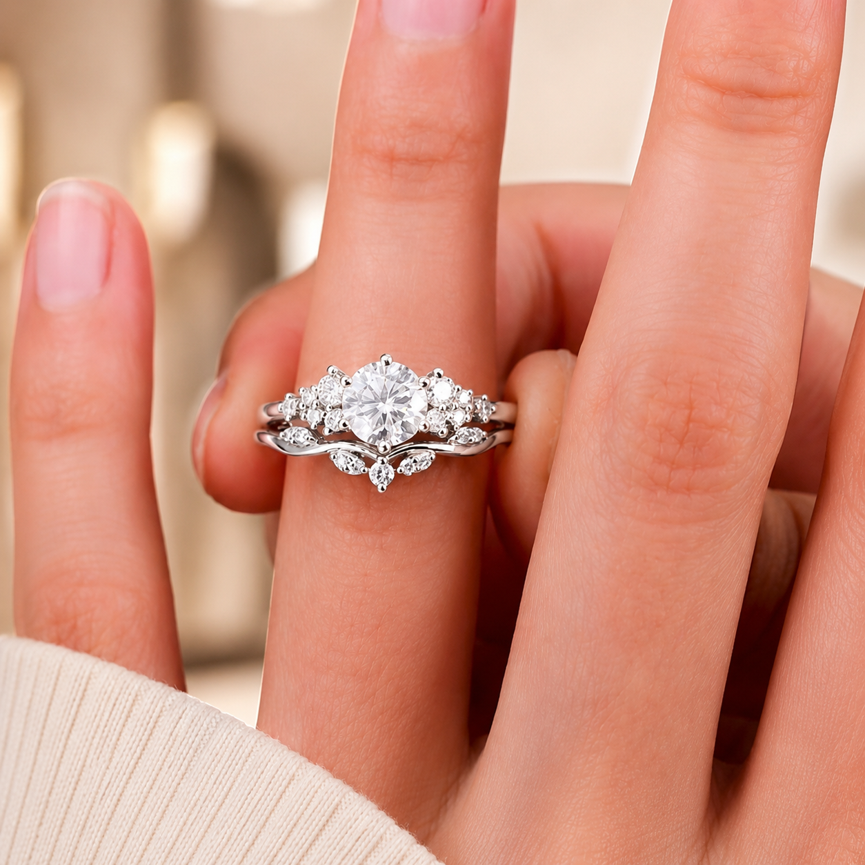 1.50 CT Cluster Lab-Grown Diamond 2PCS Bridal Set in 14K White Gold – Vintage Inspired Curved Wedding Band Design
