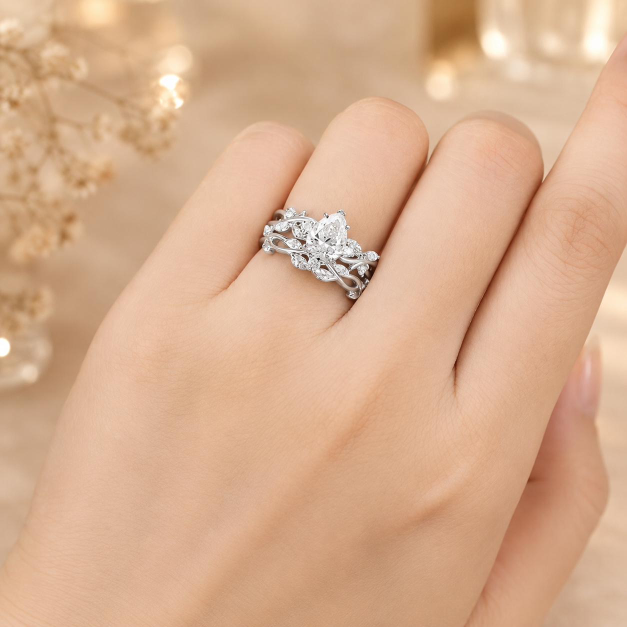 2.50 CT Pear Lab-Grown Diamond Cluster Leaf Twig 2PCS Bridal Set in 14K White Gold – Nature Inspired Wedding Ring Design
