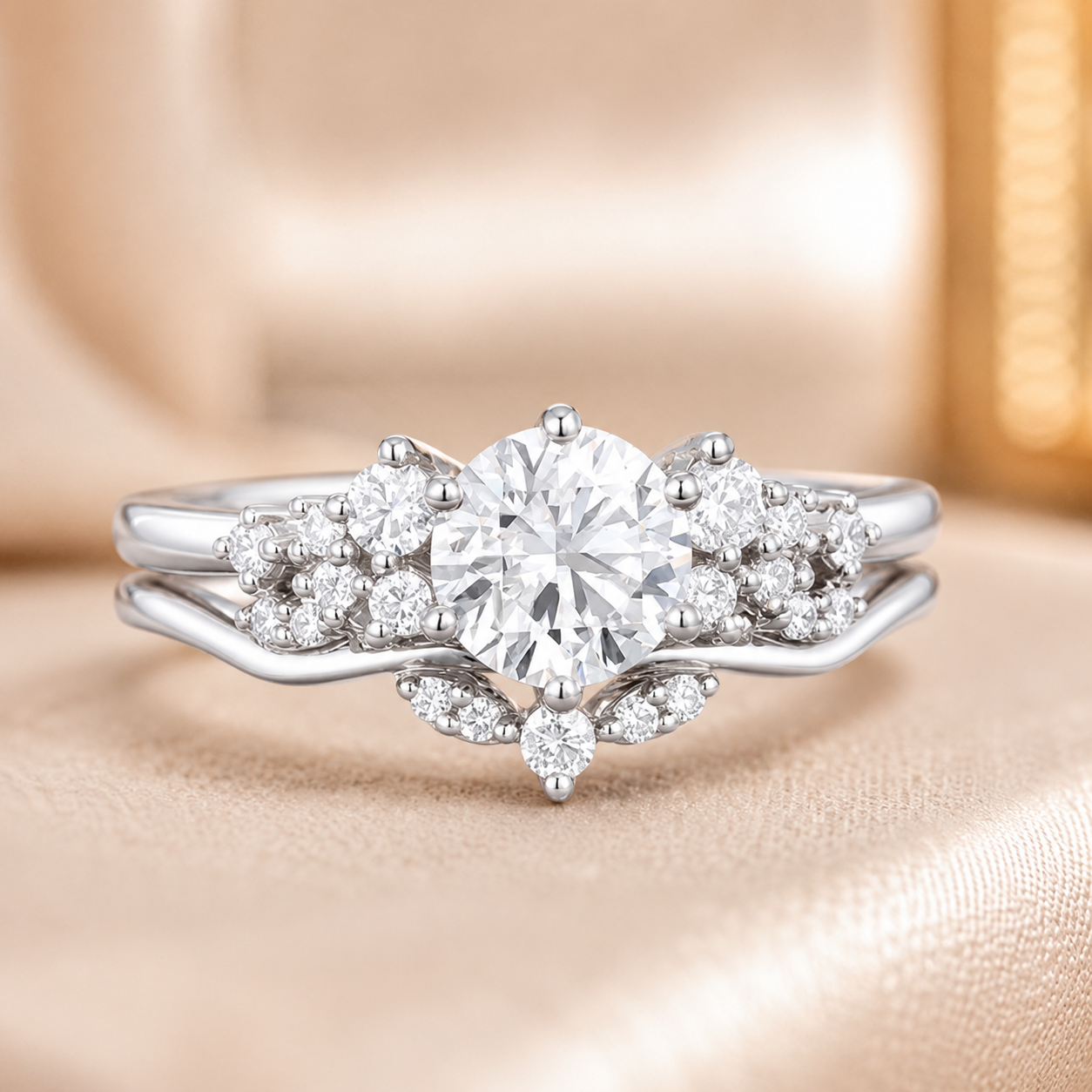 1.50 CT Cluster Lab-Grown Diamond 2PCS Bridal Set in 14K White Gold – Vintage Inspired Curved Wedding Band Design