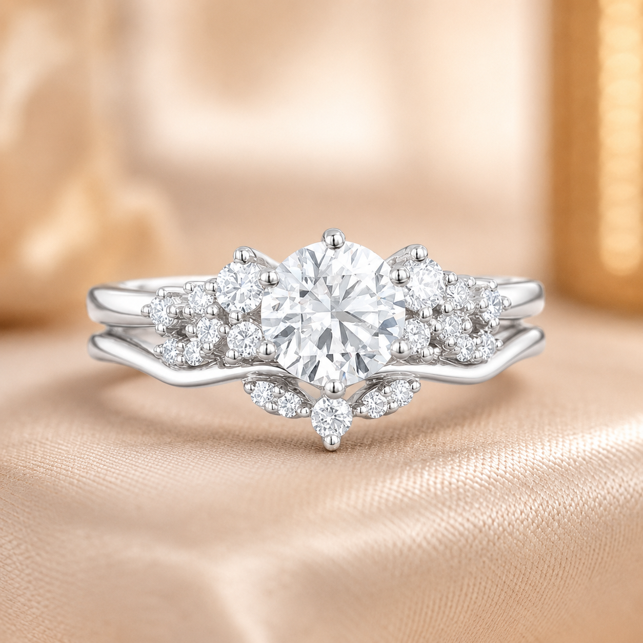 1.50 CT Cluster Lab-Grown Diamond 2PCS Bridal Set in 14K White Gold – Vintage Inspired Curved Wedding Band Design