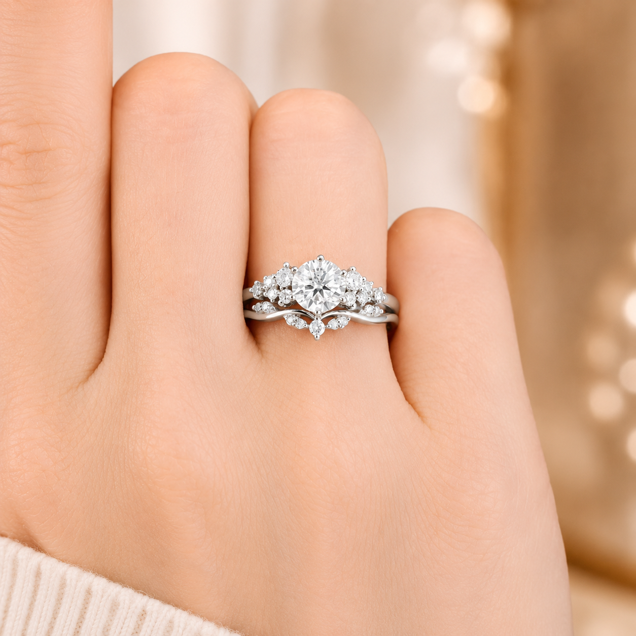 1.50 CT Cluster Lab-Grown Diamond 2PCS Bridal Set in 14K White Gold – Vintage Inspired Curved Wedding Band Design