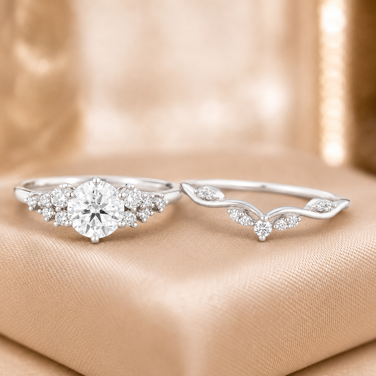 1.50 CT Cluster Lab-Grown Diamond 2PCS Bridal Set in 14K White Gold – Vintage Inspired Curved Wedding Band Design