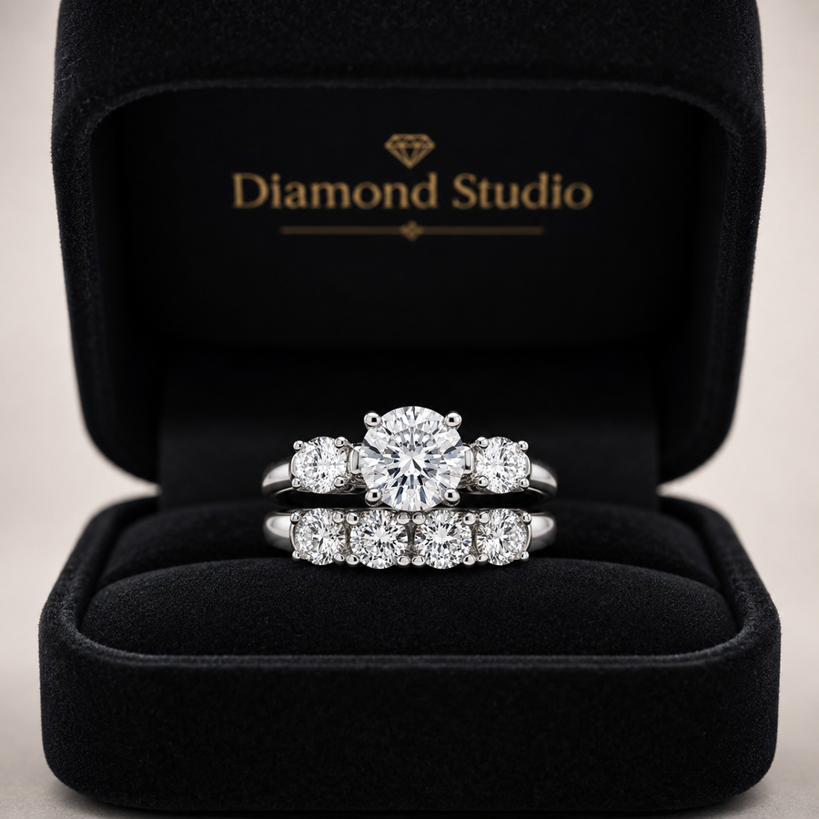 1.00 CT Round Lab-Grown Diamond 2PCS Bridal Set in 14K White Gold – Antique Matching Wedding Band Design