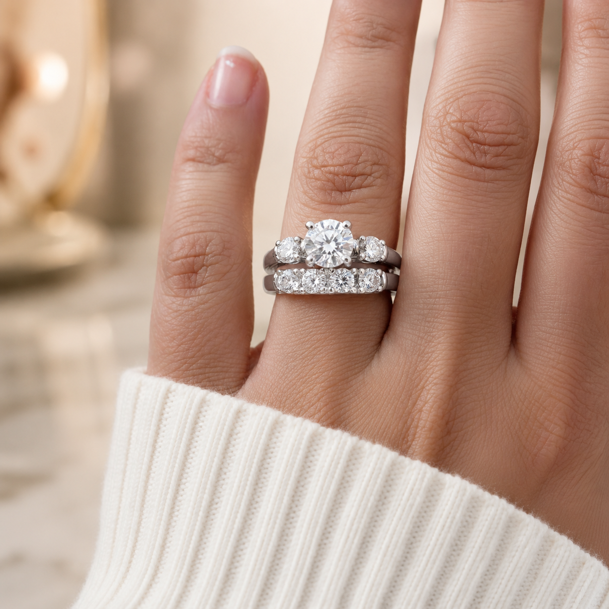 1.00 CT Round Lab-Grown Diamond 2PCS Bridal Set in 14K White Gold – Antique Matching Wedding Band Design