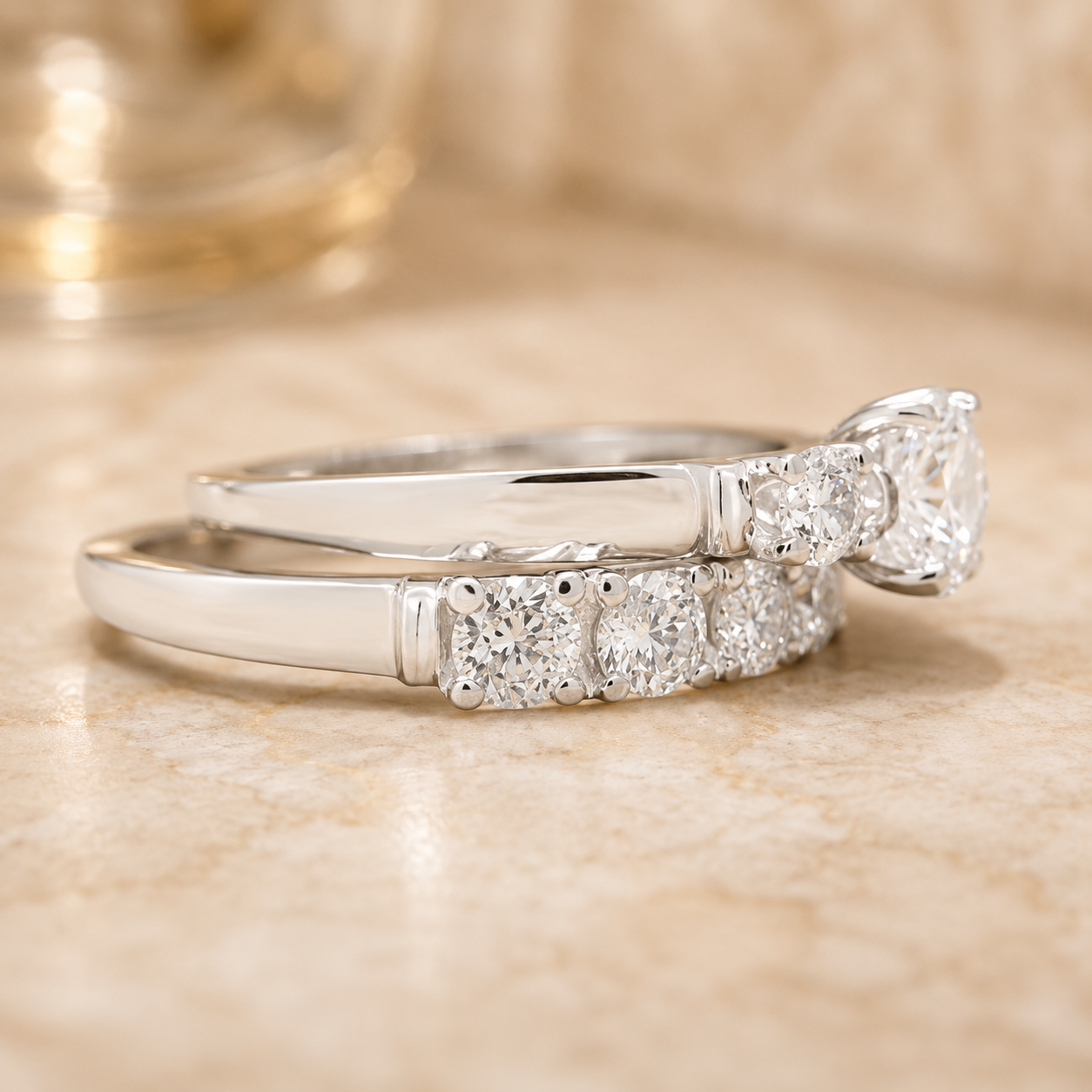 1.00 CT Round Lab-Grown Diamond 2PCS Bridal Set in 14K White Gold – Antique Matching Wedding Band Design