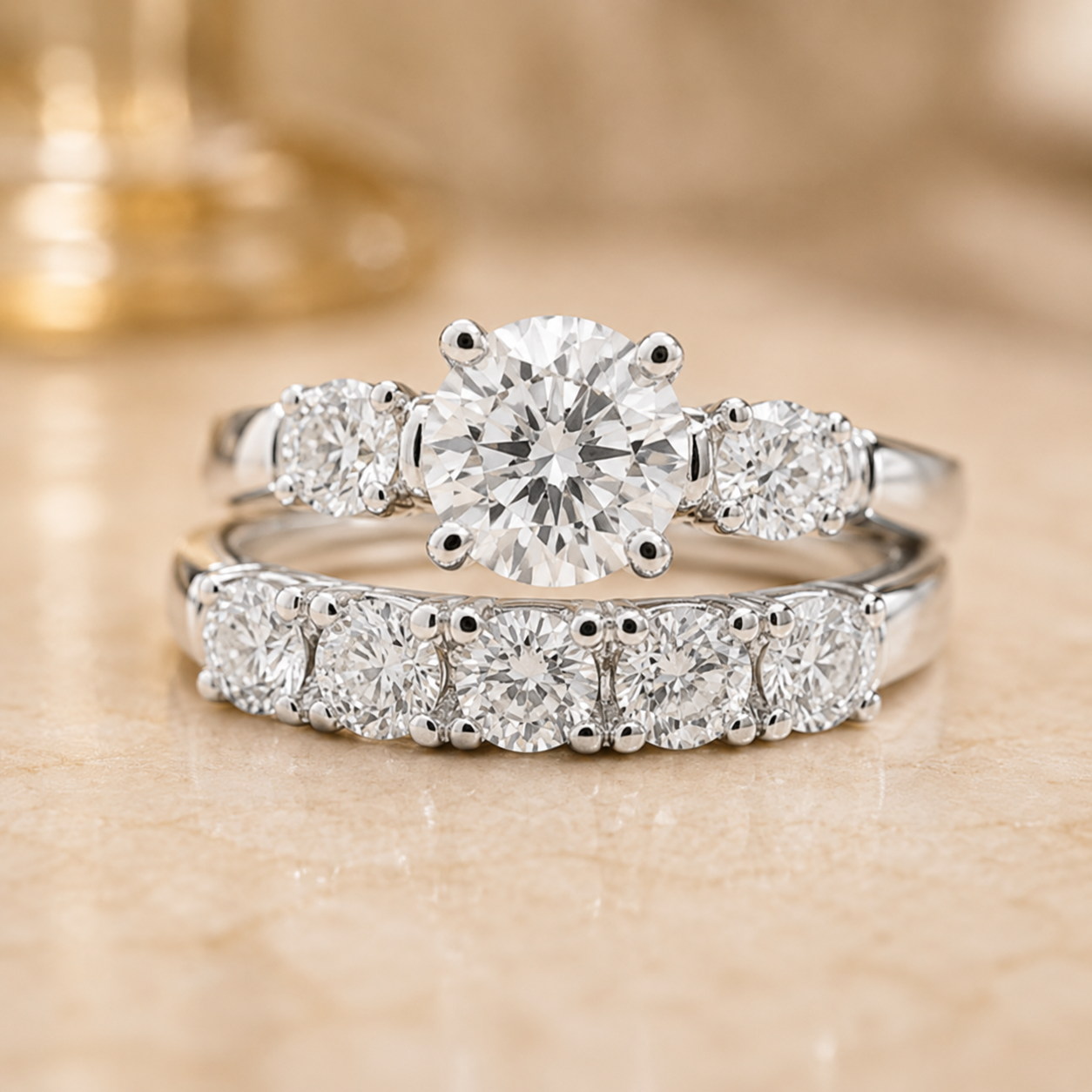 1.00 CT Round Lab-Grown Diamond 2PCS Bridal Set in 14K White Gold – Antique Matching Wedding Band Design