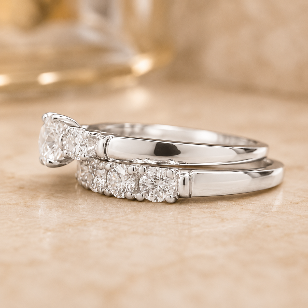 1.00 CT Round Lab-Grown Diamond 2PCS Bridal Set in 14K White Gold – Antique Matching Wedding Band Design