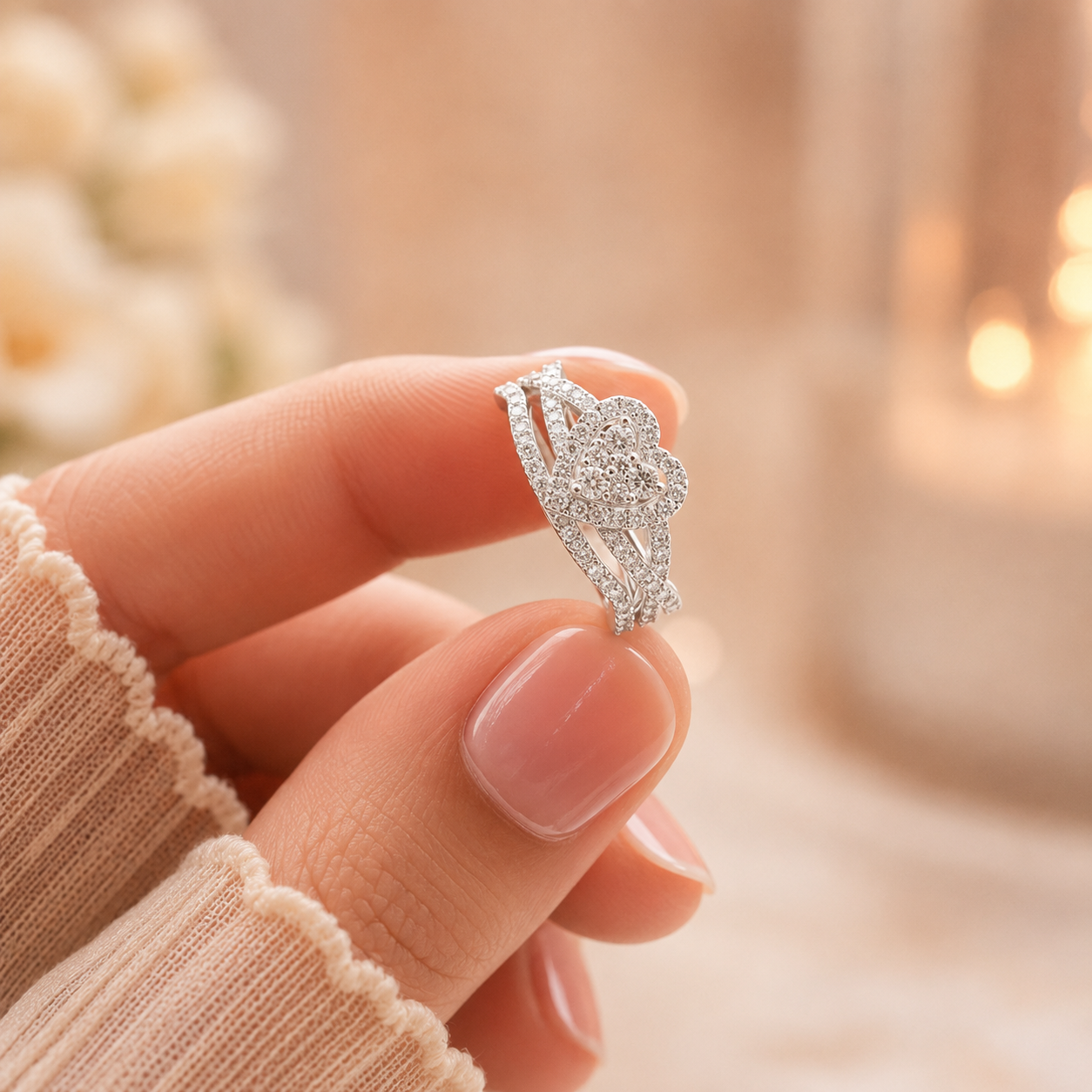 1.70 CT Heart Lab-Grown Diamond Halo 2PCS Bridal Set in 14K White Gold – Romantic Wedding Ring Design
