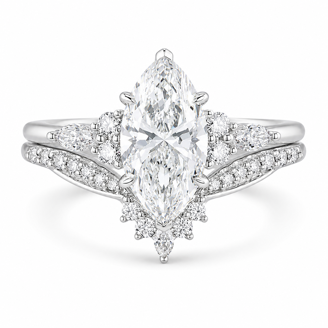 2.75 CT Marquise Lab-Grown Diamond 2PCS Bridal Set in 14K White Gold – Cluster V-Prong Filigree Wedding Ring Design