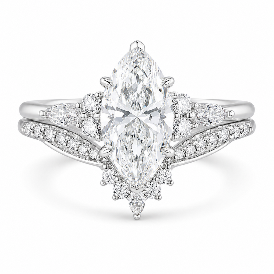 2.75 CT Marquise Lab-Grown Diamond 2PCS Bridal Set in 14K White Gold – Cluster V-Prong Filigree Wedding Ring Design