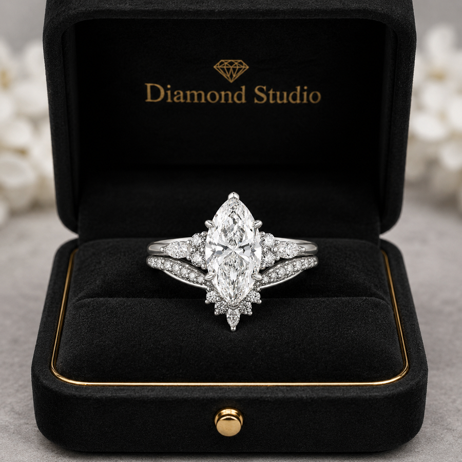 2.75 CT Marquise Lab-Grown Diamond 2PCS Bridal Set in 14K White Gold – Cluster V-Prong Filigree Wedding Ring Design