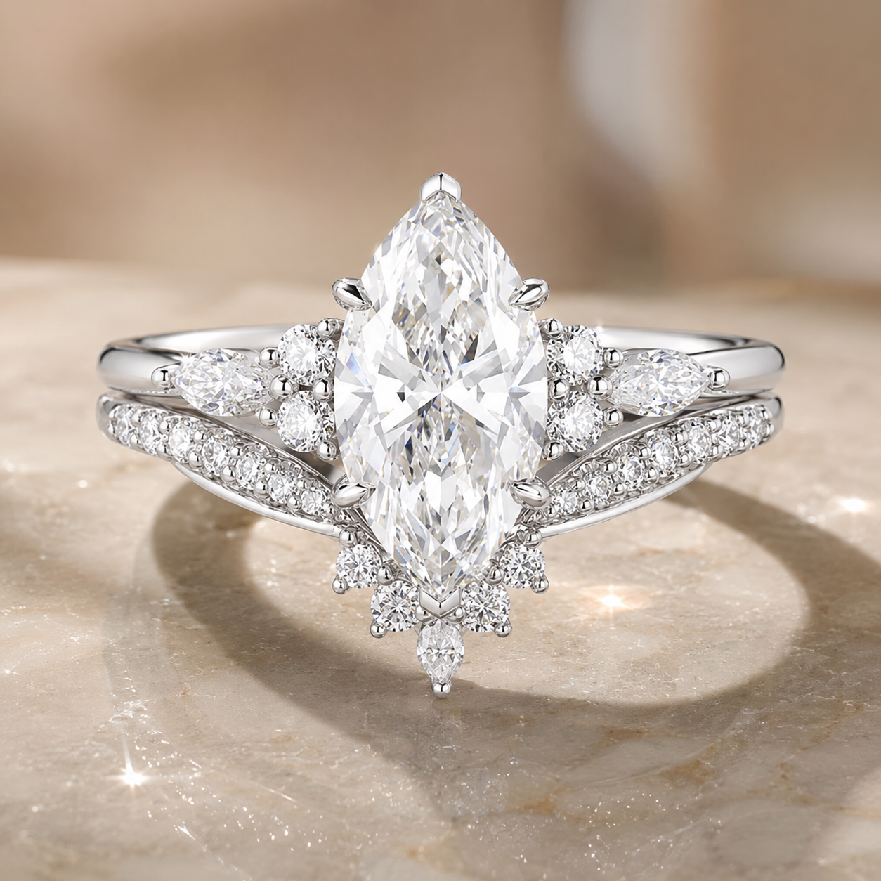 2.75 CT Marquise Lab-Grown Diamond 2PCS Bridal Set in 14K White Gold – Cluster V-Prong Filigree Wedding Ring Design