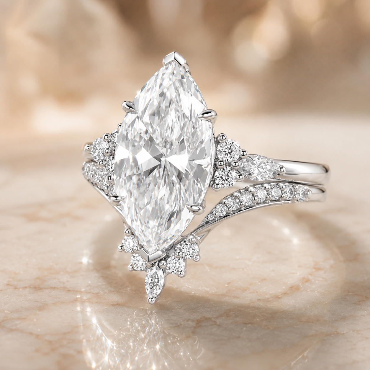 2.75 CT Marquise Lab-Grown Diamond 2PCS Bridal Set in 14K White Gold – Cluster V-Prong Filigree Wedding Ring Design