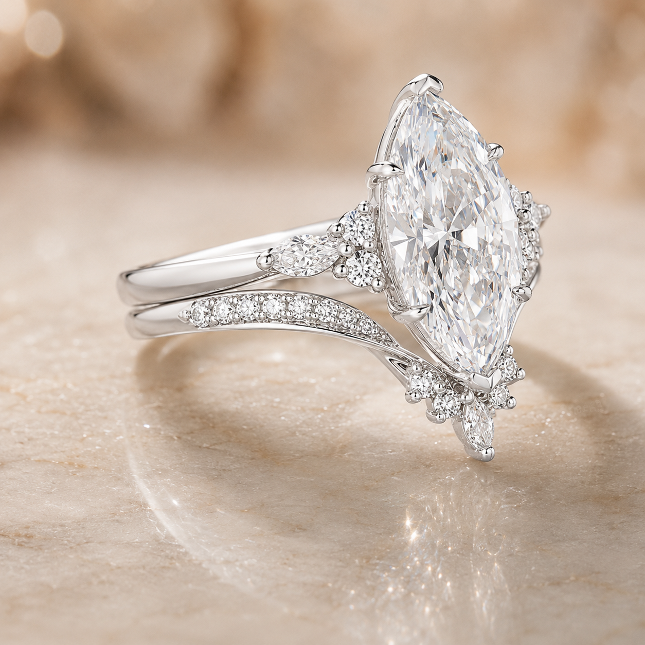 2.75 CT Marquise Lab-Grown Diamond 2PCS Bridal Set in 14K White Gold – Cluster V-Prong Filigree Wedding Ring Design