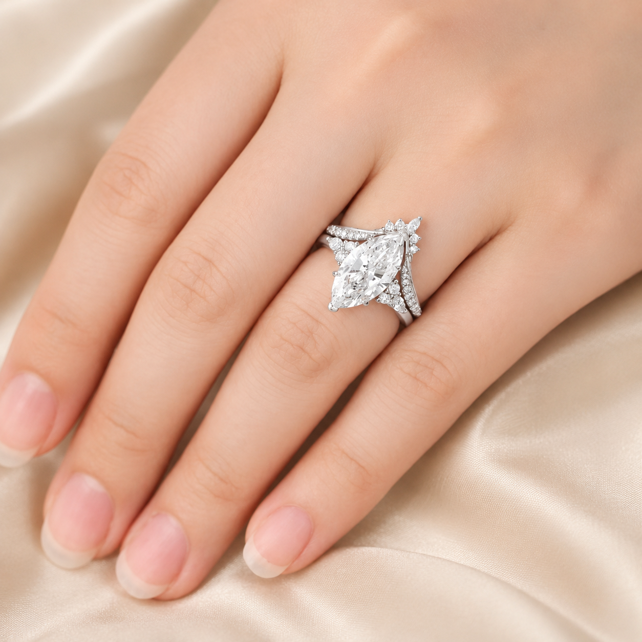 2.75 CT Marquise Lab-Grown Diamond 2PCS Bridal Set in 14K White Gold – Cluster V-Prong Filigree Wedding Ring Design